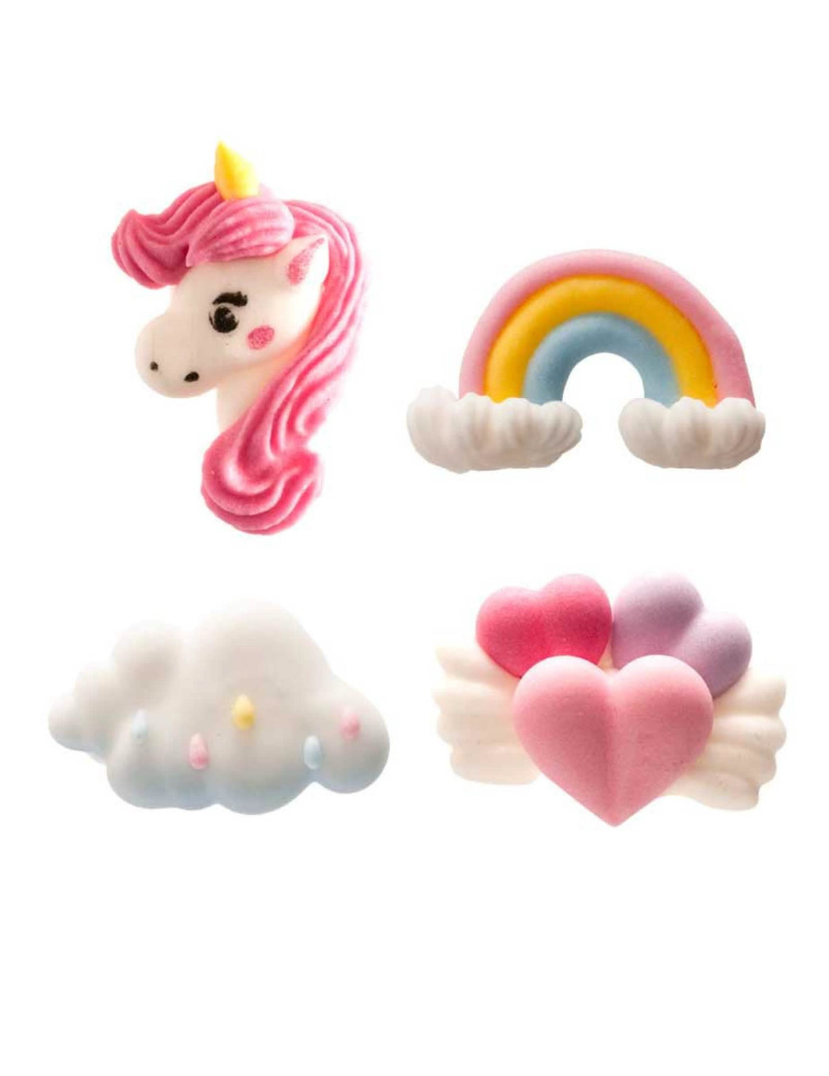 Mini figurinos de açúcar unicórnio multicoloridos em tons pastel para decoração de bolo