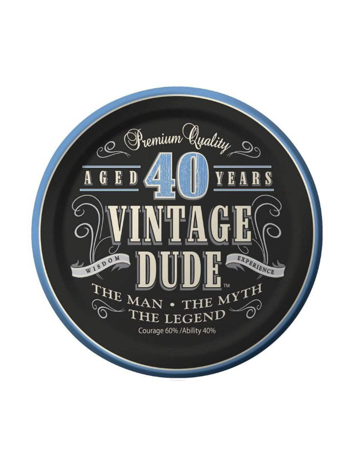 Prato de cartão aniversário Vintage 40 anos preto e azul