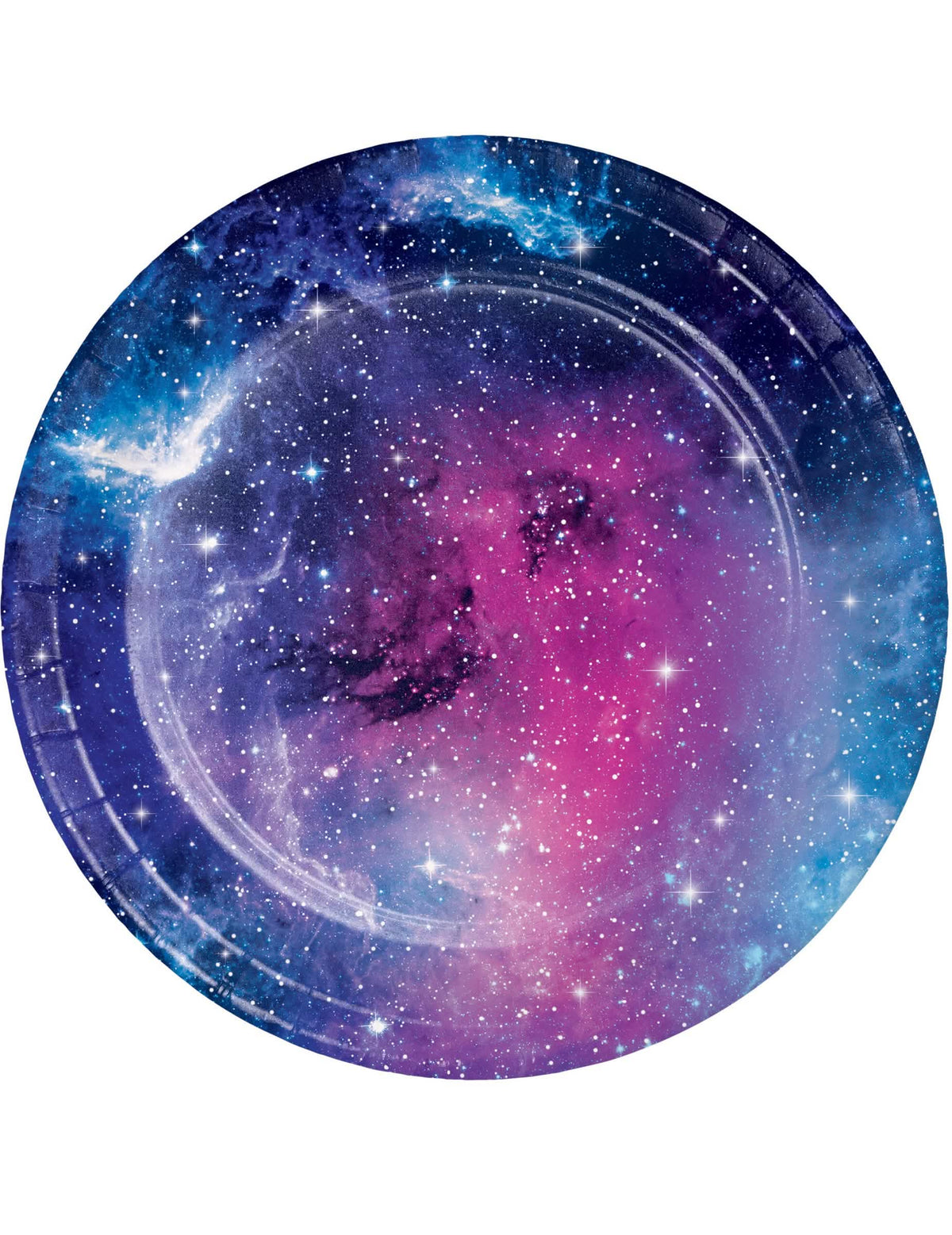 pratos em cartão galaxy e estrelas para festa violetas e azuis