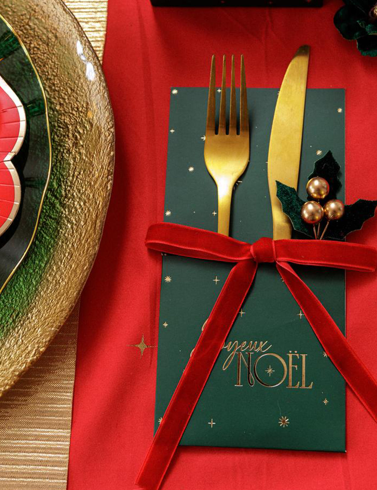 8 porta-talheres Feliz Natal atemporal verde inglês e dourado 10 x 20 cm