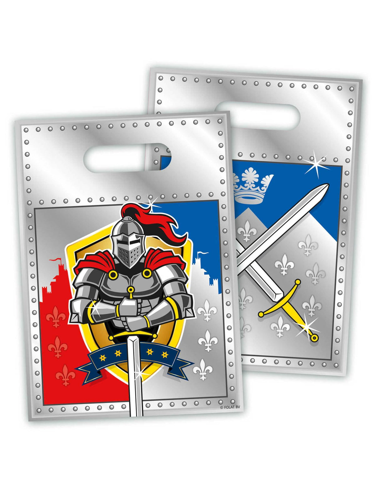 Sachets de fêtes chevaliers gris et bleu avec motif armure et épée