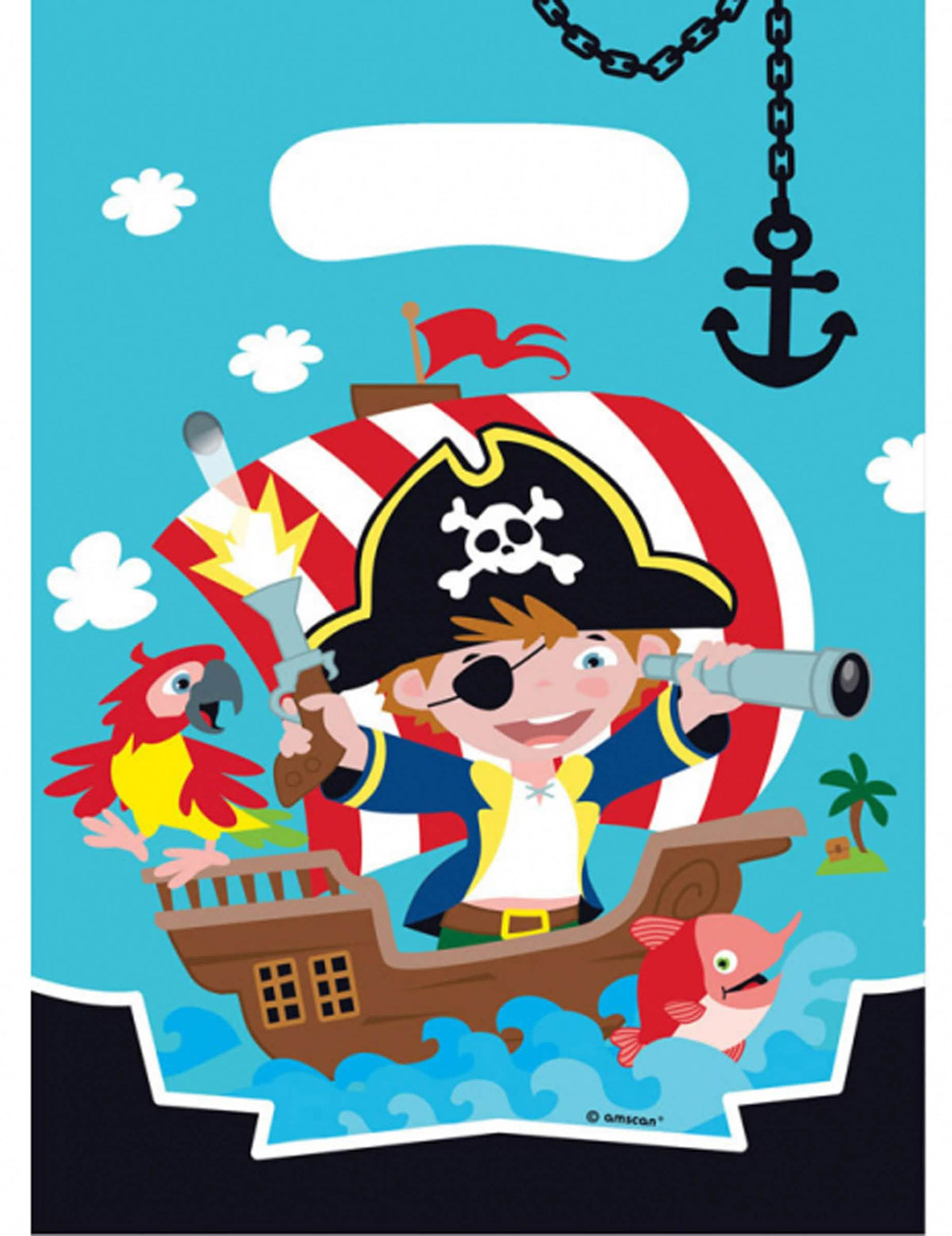 Saquetas de festa de plástico pirata para aniversário azul com ilustração de navio e papagaio
