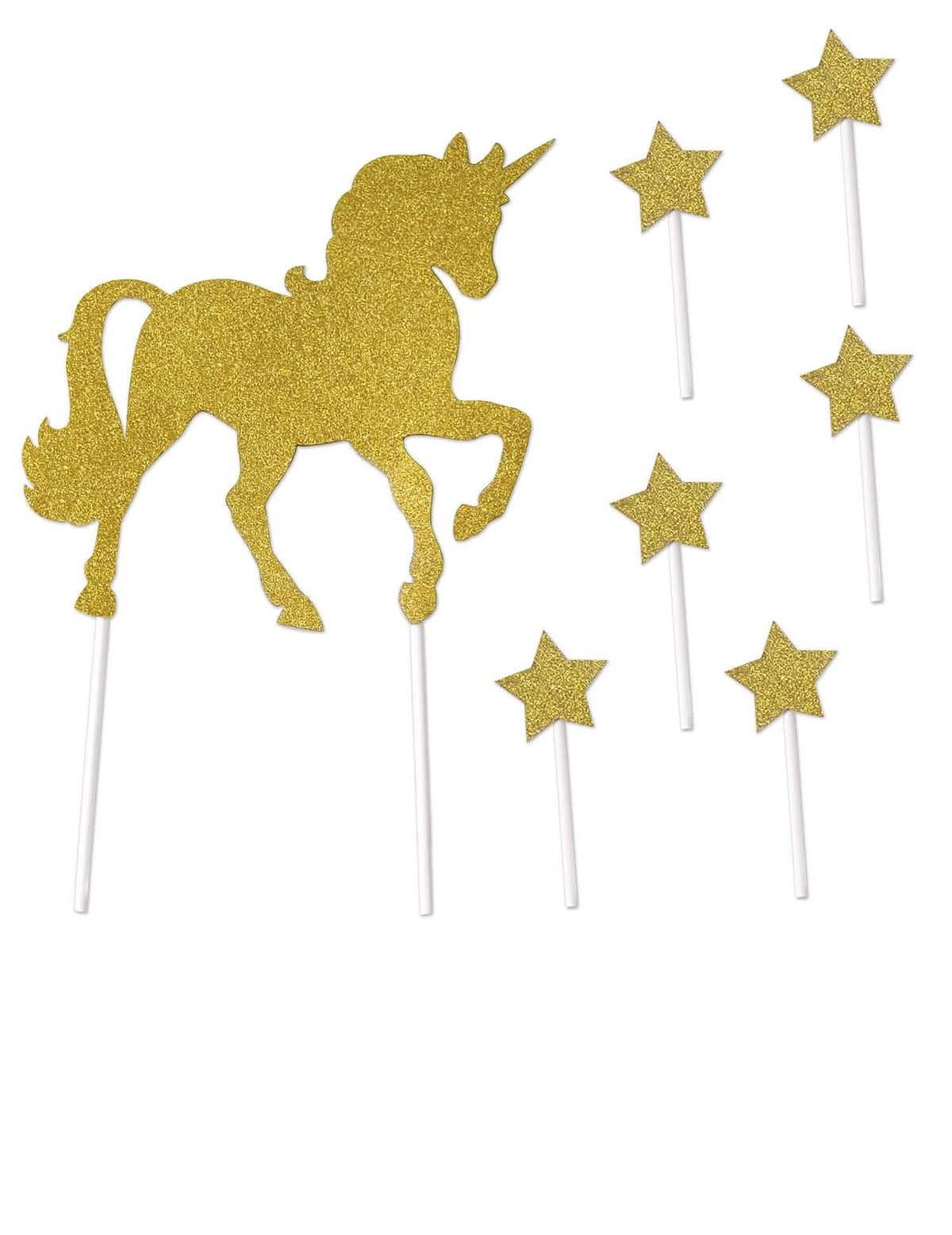 Acessórios de decoração para bolo unicórnio e estrelas em cartão dourado com purpurinas