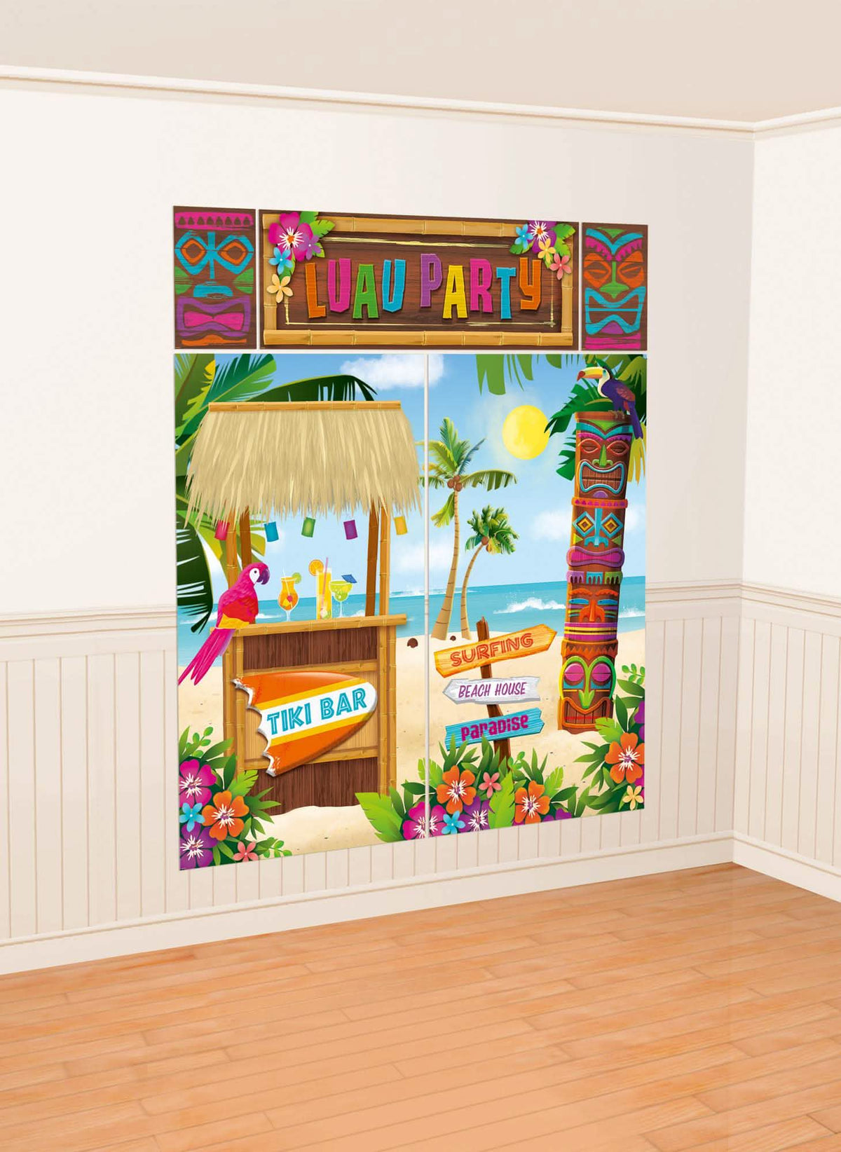 Fundo havaí para festa kit de 5 posters com tiki bar e totem multicores