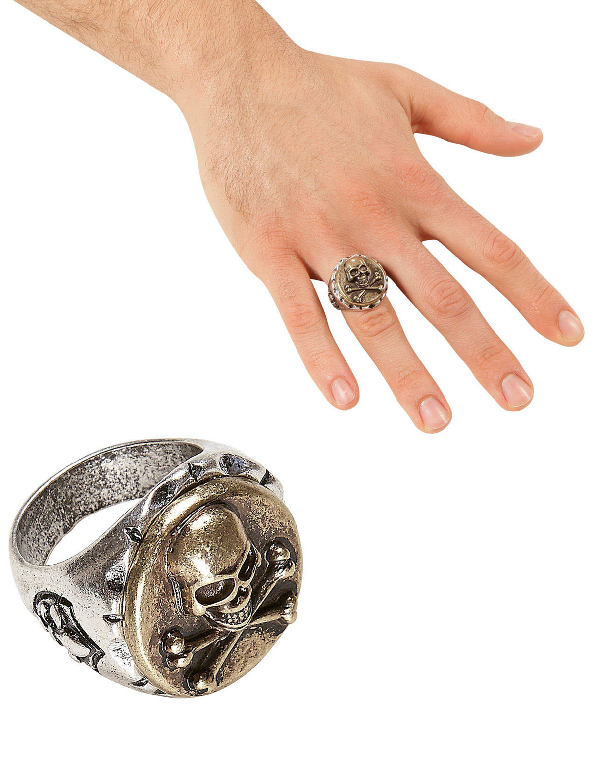 Bague chef des pirates pour adulte argentée et dorée avec tête de mort