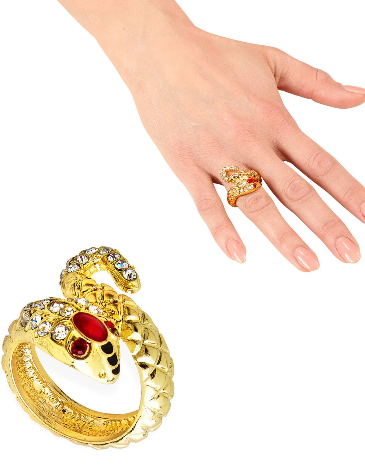 Bague serpent pour femme dorée avec strass et pierres rouges