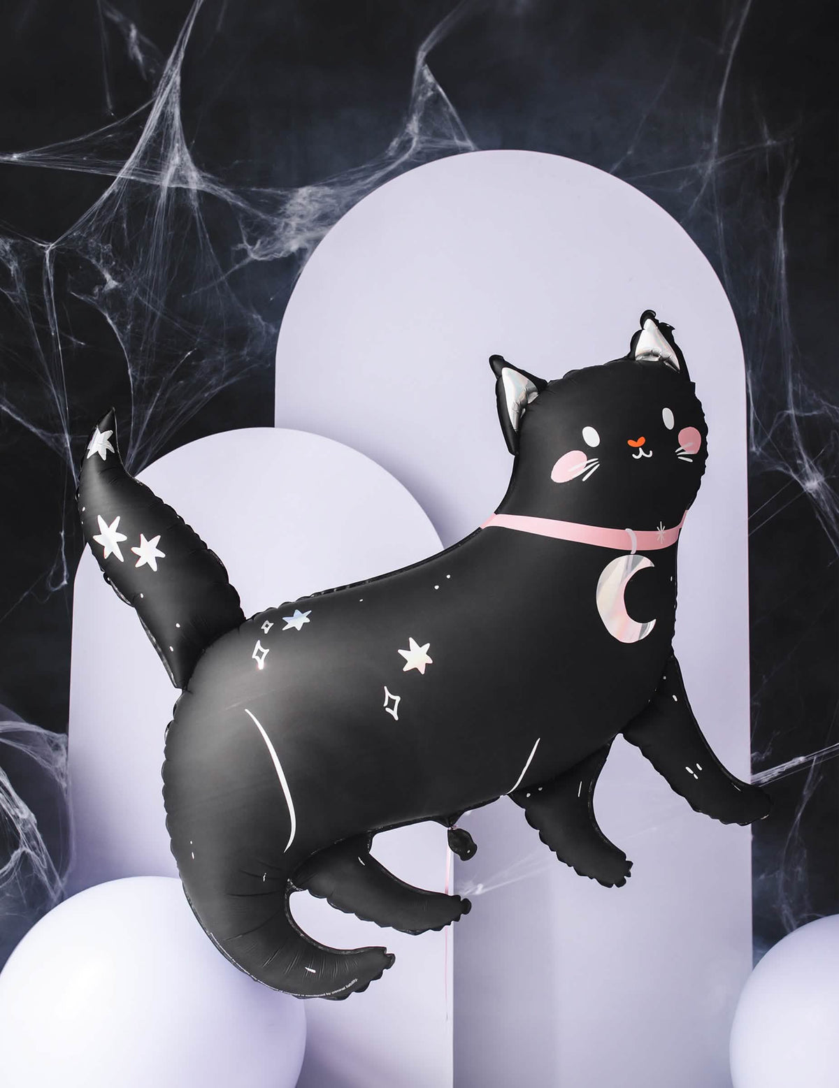 Ballon aluminium chat noir Halloween pour décoration noir avec motifs de lune et d'étoiles