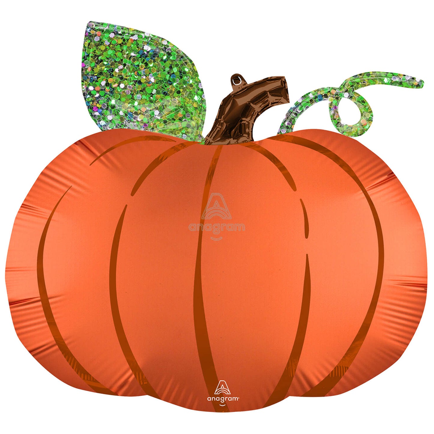 Ballon aluminium citrouille pailletée pour Halloween orange avec feuille verte scintillante