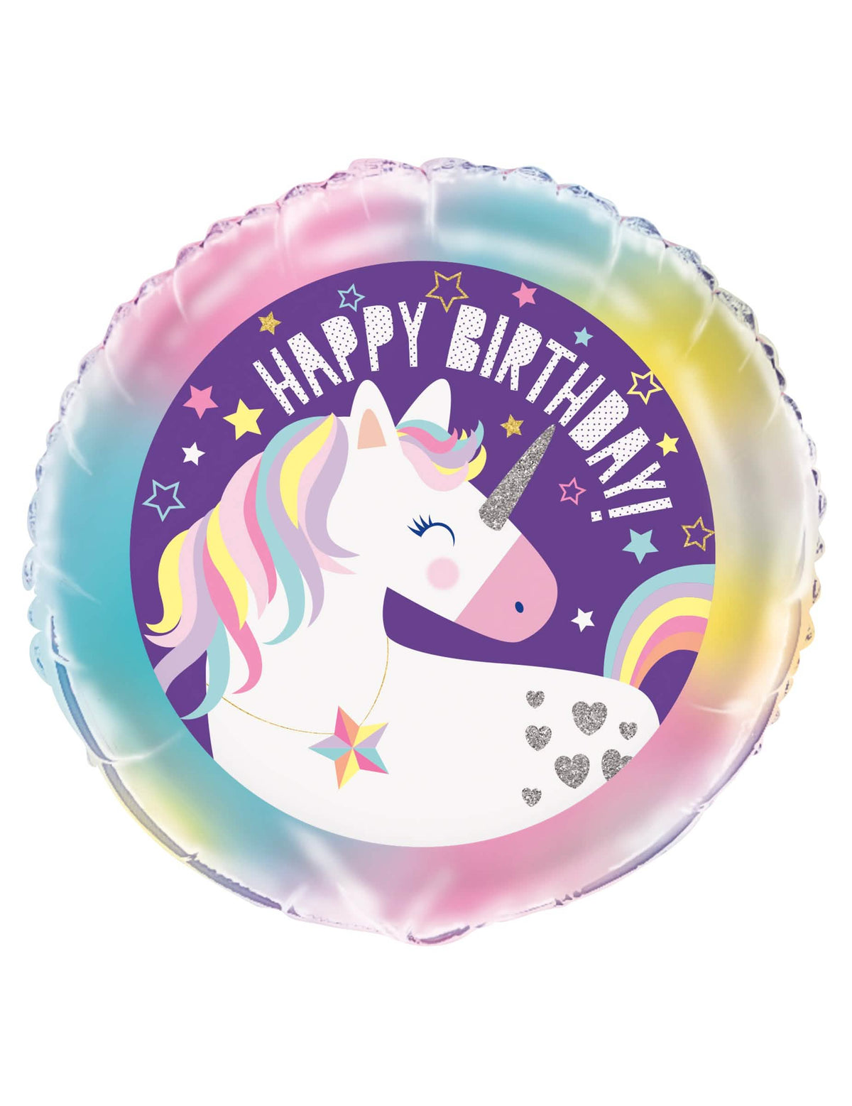 Balão de alumínio Happy Birthday unicórnio para criança roxo e multicores