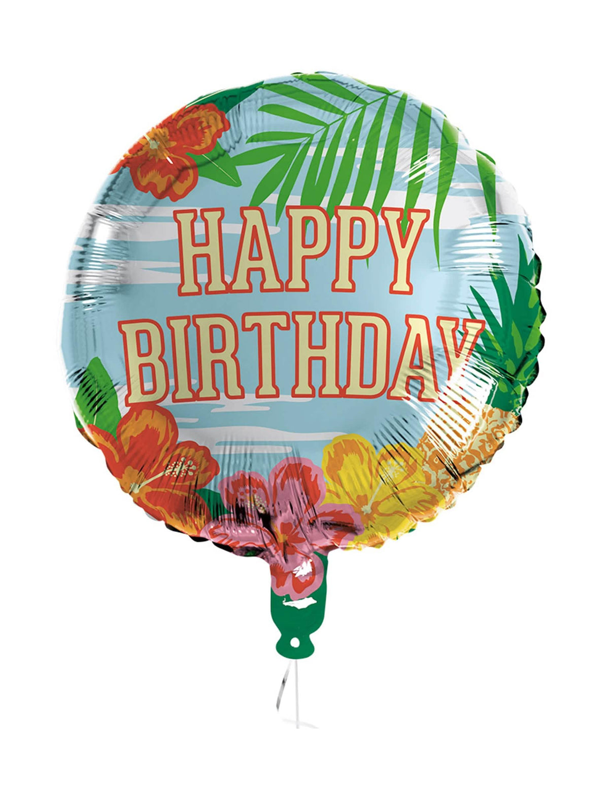 Balão de alumínio Happy Birthday Paradise para aniversário azul com flores de hibisco e palmeira