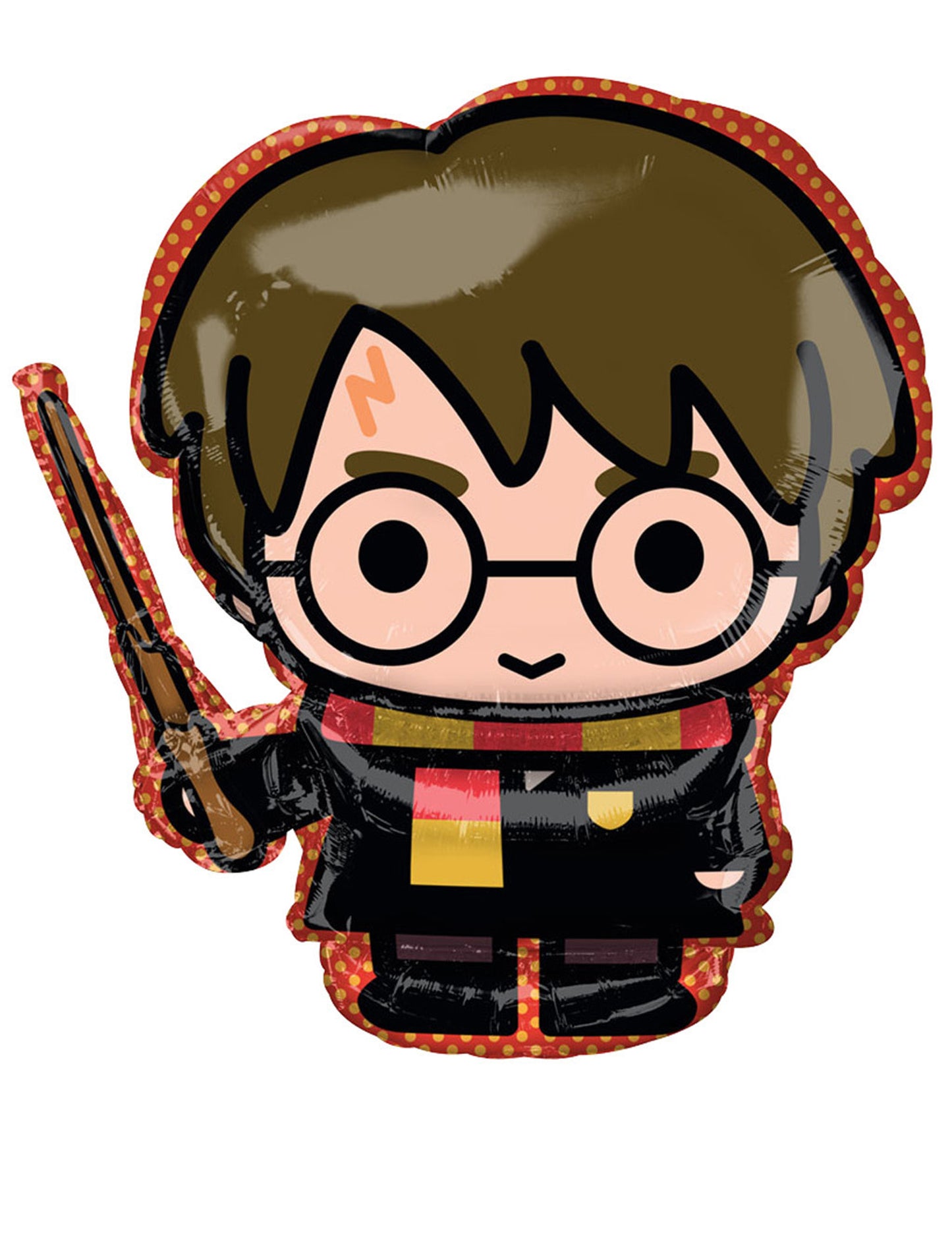 Ballon aluminium Harry Potter style chibi avec baguette magique et écharpe rouge et jaune