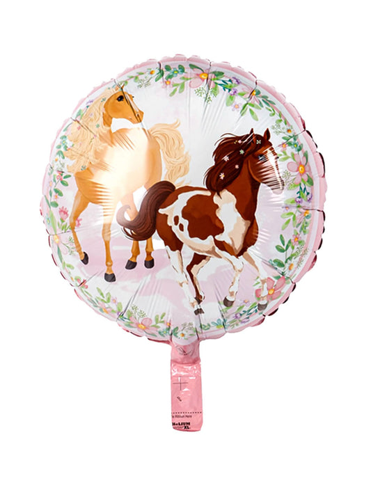 Détail des illustrations de chevaux et de fleurs du ballon aluminium joli cheval pour anniversaire