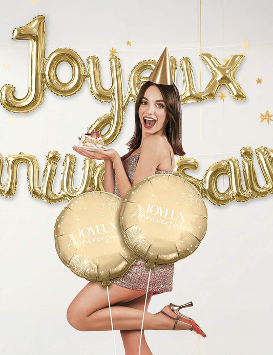 Balão metalizado joyeux anniversaire dourado 35 cm