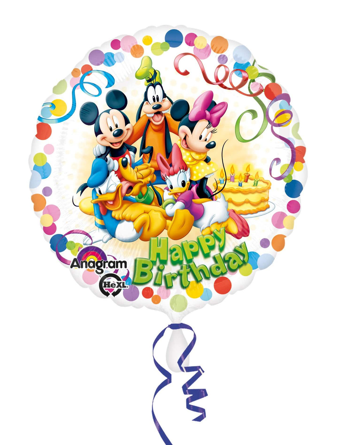 Balão de alumínio Mickey e os seus amigos para aniversário multicores com confettis e bolo