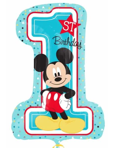 Balão número 1 de alumínio Mickey azul-céu com inscrição 1st Birthday