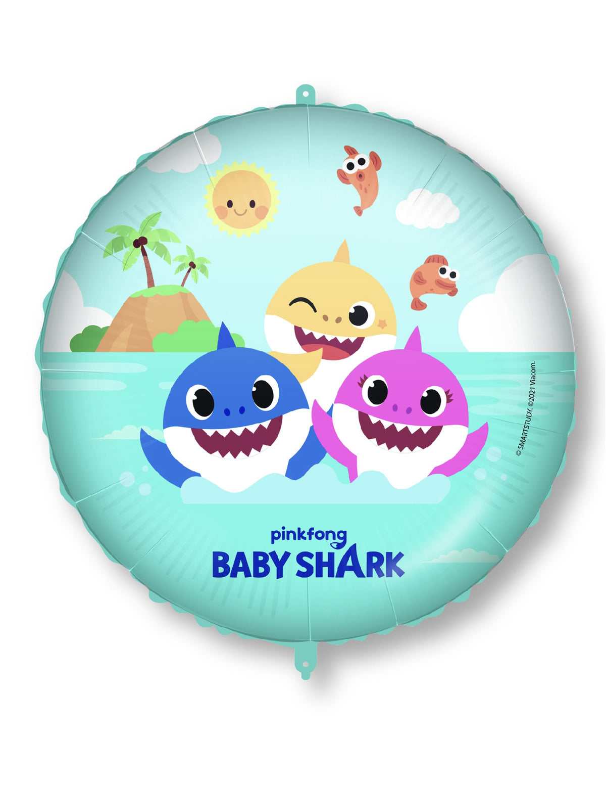 Balão de alumínio Baby Shark para criança azul turquesa com personagens tubarões