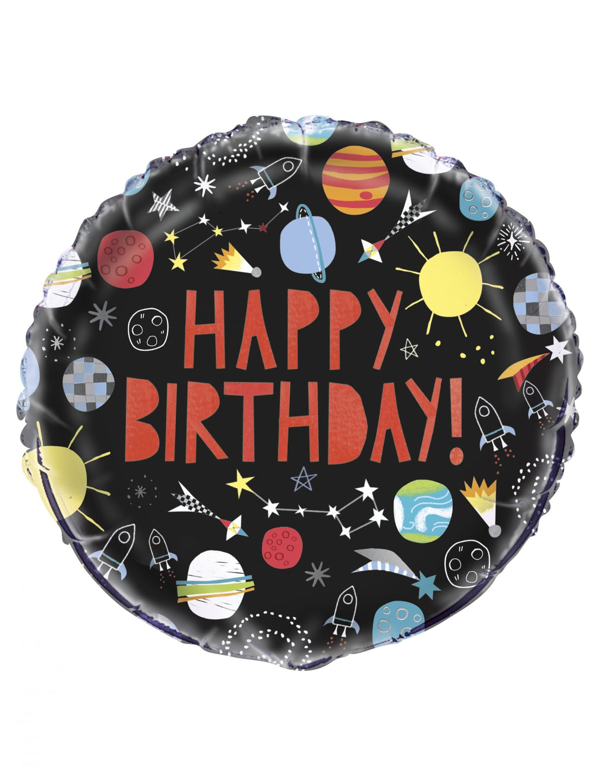 Ballon en aluminium happy birthday univers pour anniversaire noir avec planètes et fusées