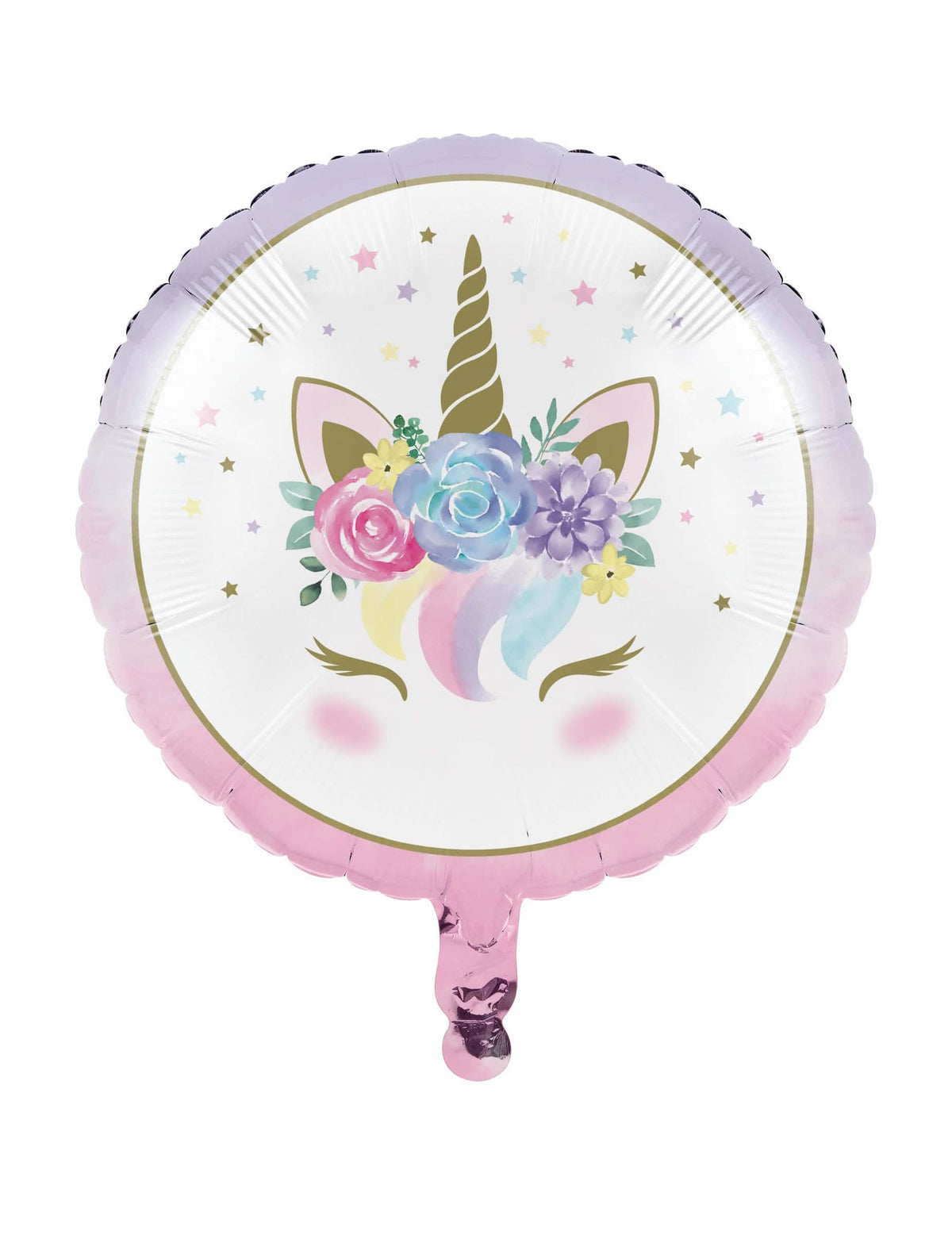 Ballon en aluminium licorne féerique pour enfant blanc avec fleurs pastel et corne dorée