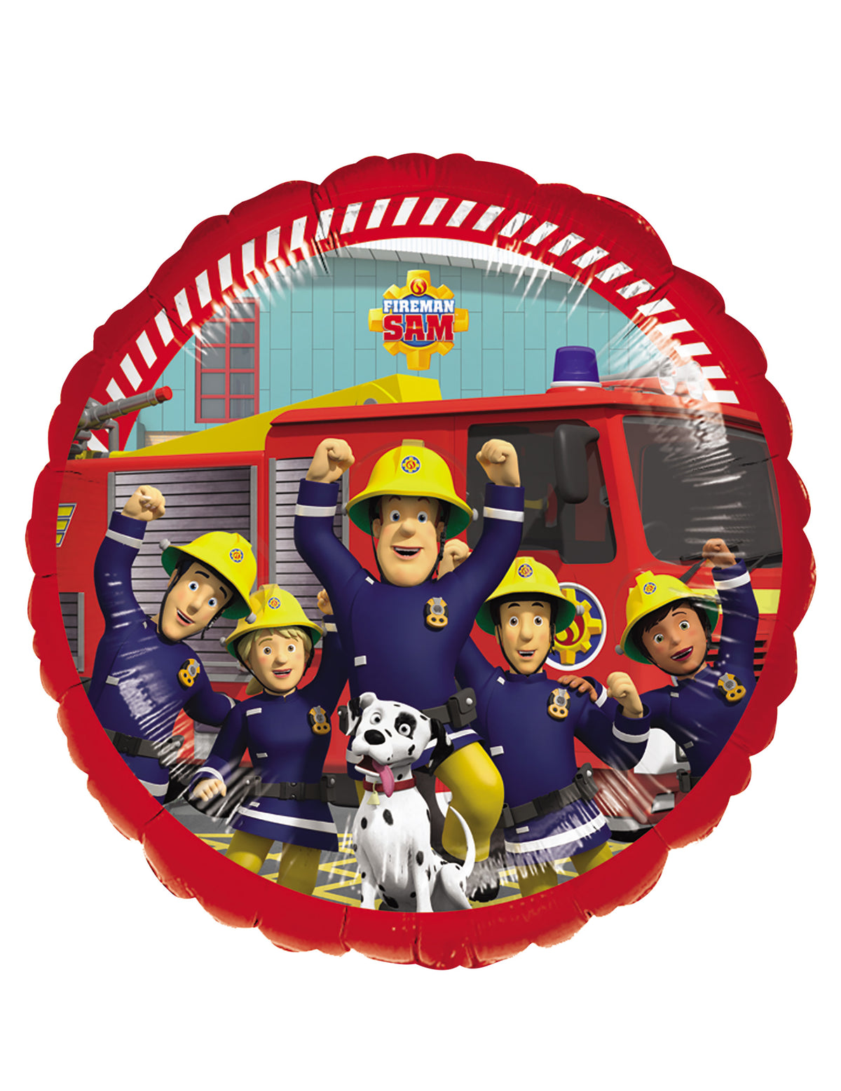 Ballon en aluminium Sam le Pompier pour enfant rouge avec personnages et camion de pompiers