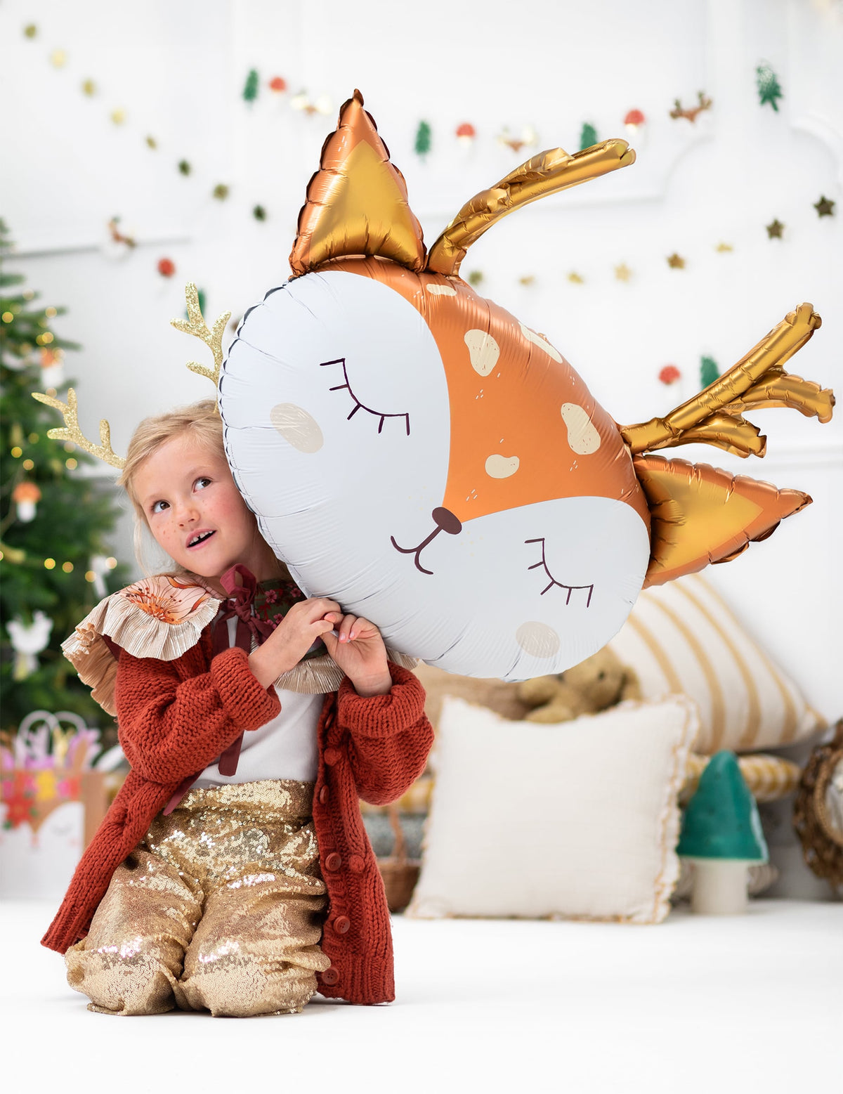 Balão gigante de alumínio cabeça de veado para criança cor de laranja branco e dourado