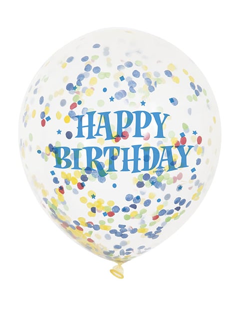 Détail du texte bleu et des confettis du ballons en latex Happy Birthday pour fête