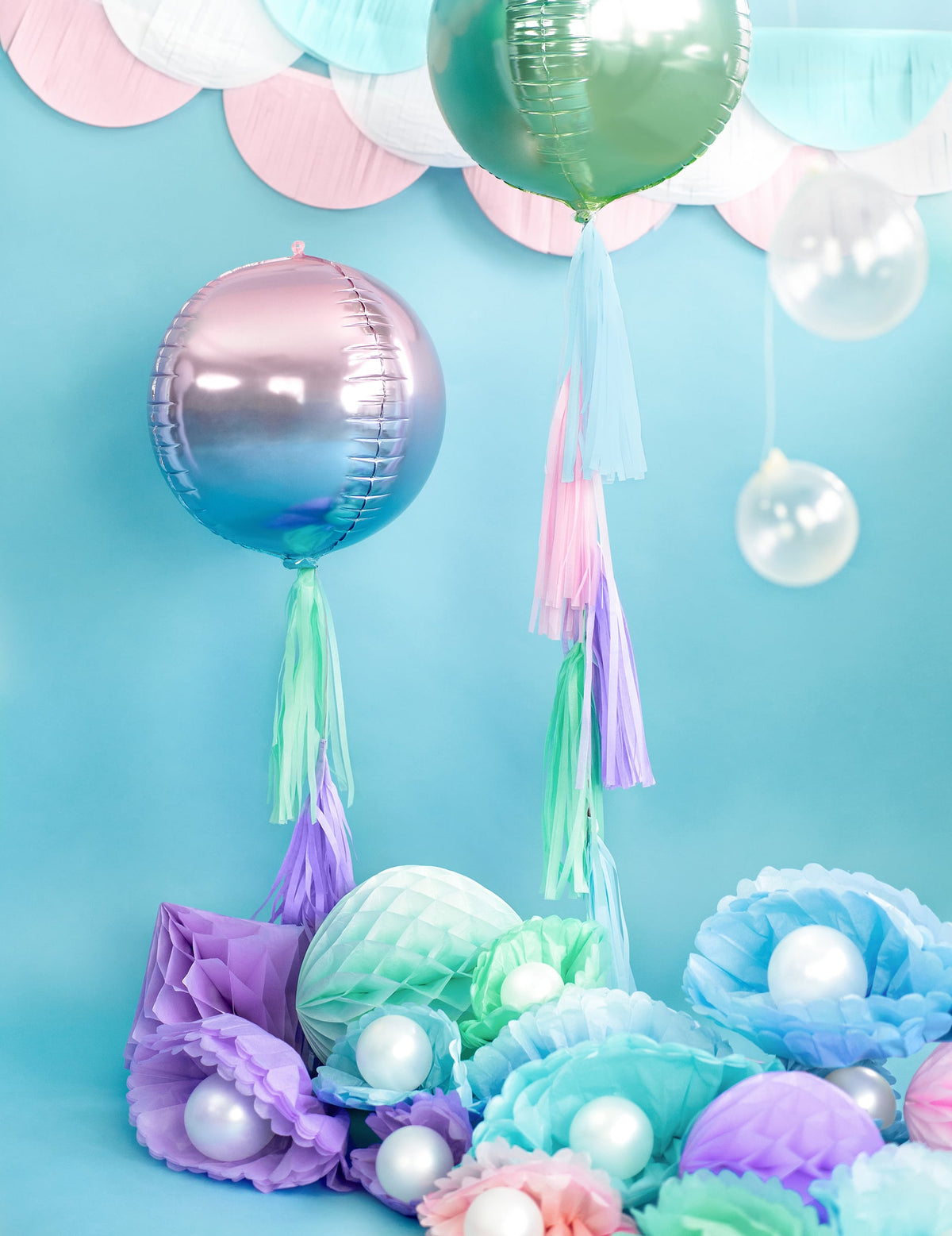 Balão esfera de alumínio degradê rosa e azul 35 cm inflável com hélio