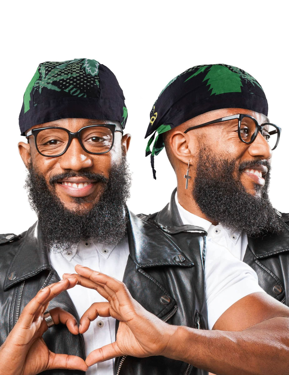 Bandana rasta jamaica para homem preto com motivos de folhas verdes