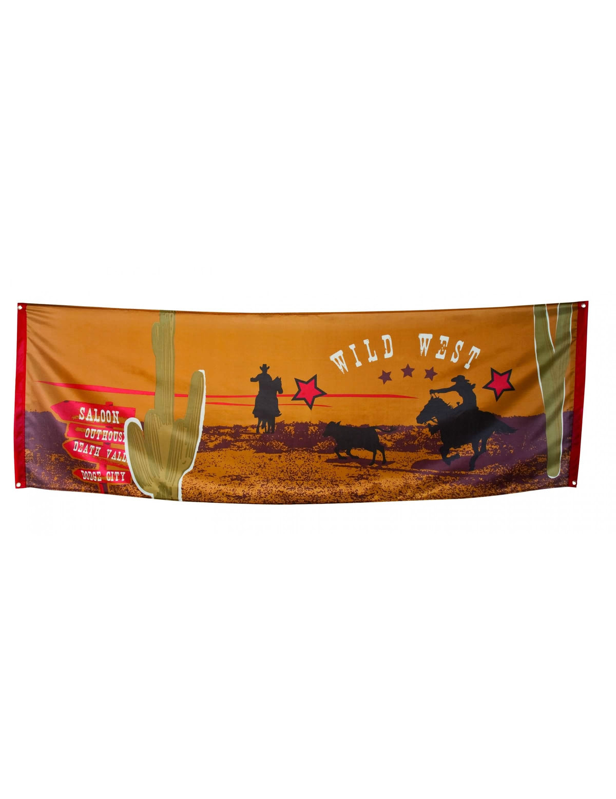 Bannière western para festa cor de laranja e castanho com silhuetas de cowboys e cactus