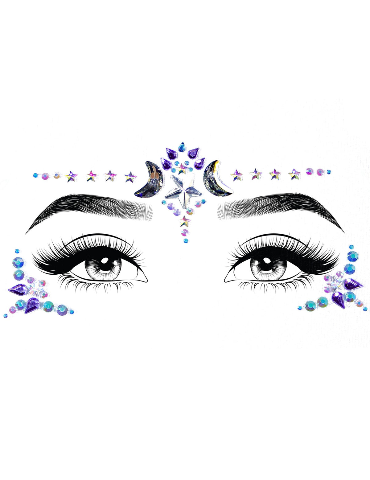 Détail du positionnement sur le visage des bijoux pour visage adhésifs lunaire