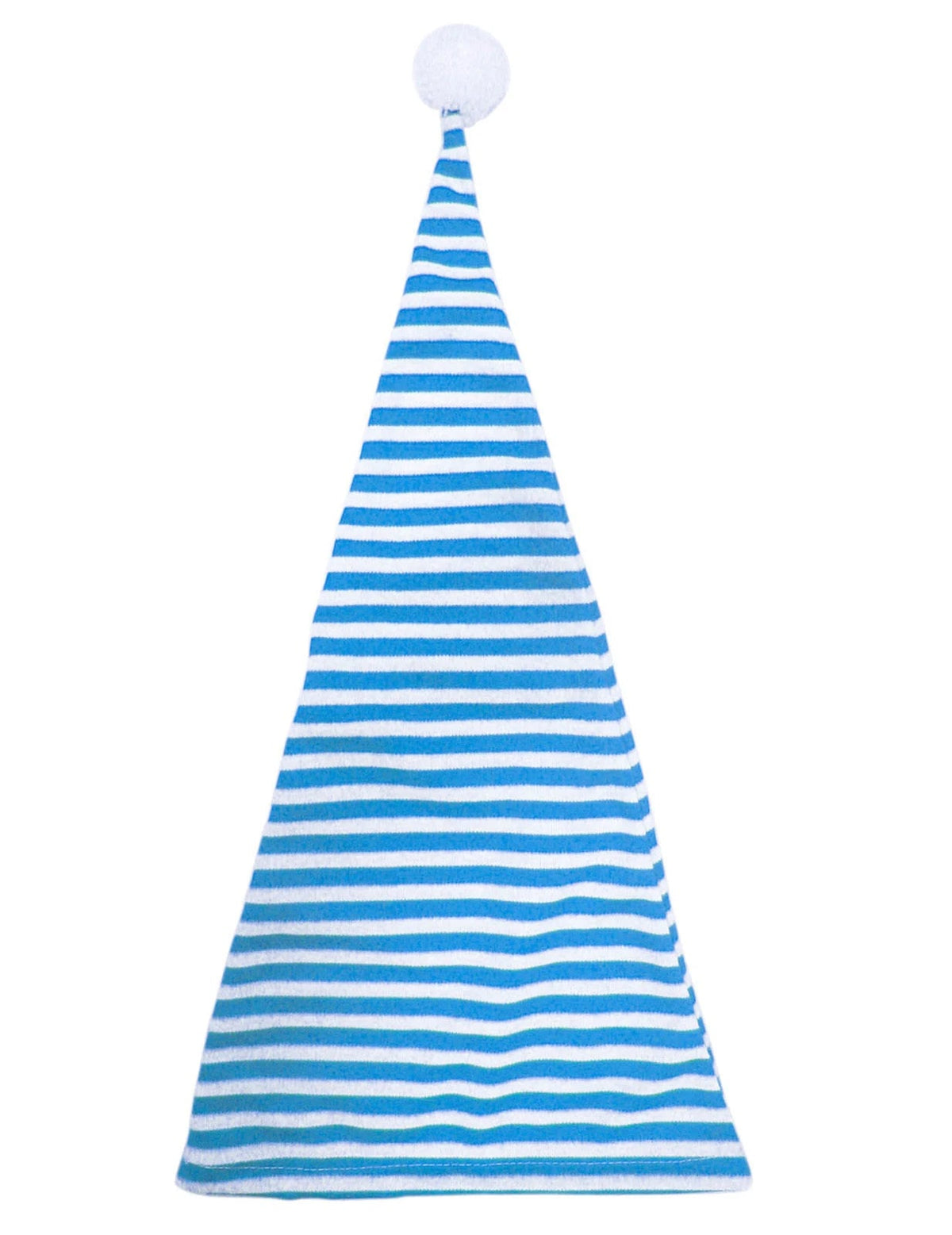 Vue à plat du bonnet bleu et blanc avec pompon pour adulte