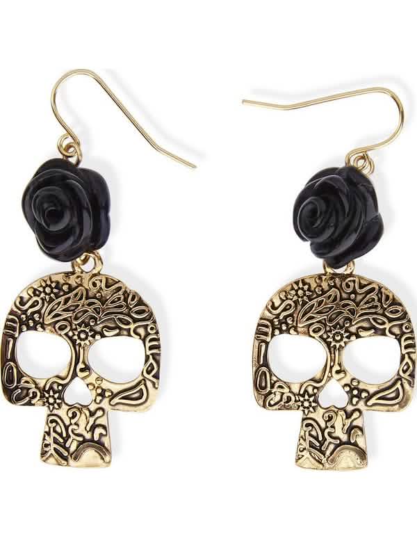 Boucles d'oreilles squelette pour adulte doré et noir avec rose