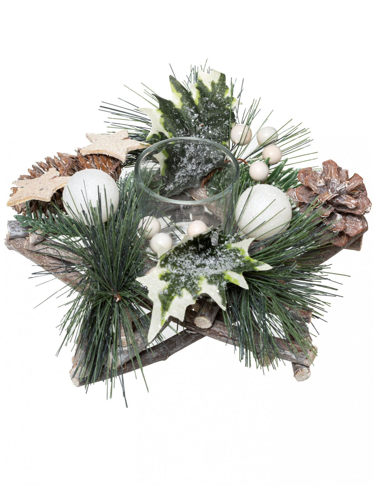 Photophore estrela das madeiras para decoração de natal em madeira natural e verde com pinhas