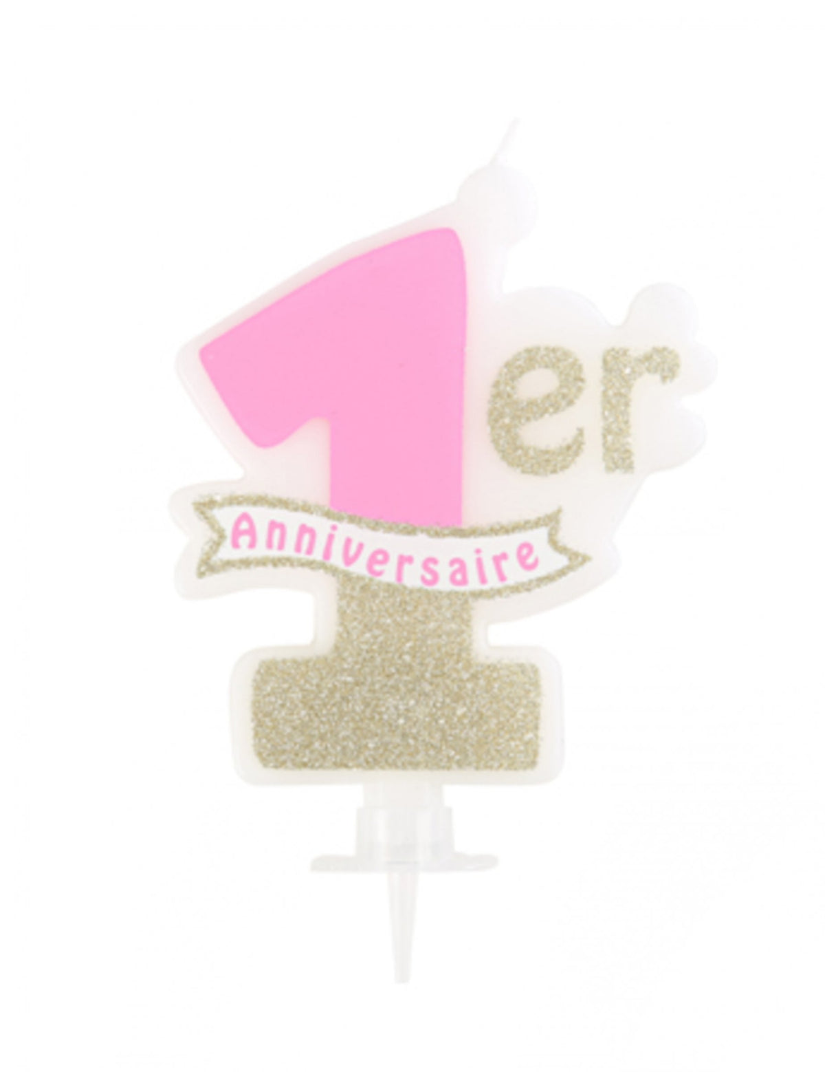 Bougie 1er anniversaire rose et dorée à paillettes