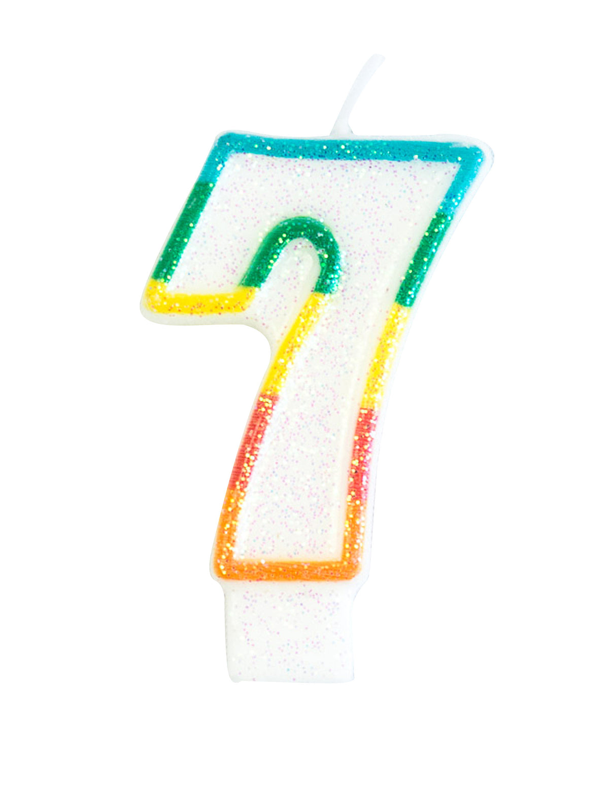 Bougie d'anniversaire chiffre 7 blanche pailletée avec liseré arc-en-ciel