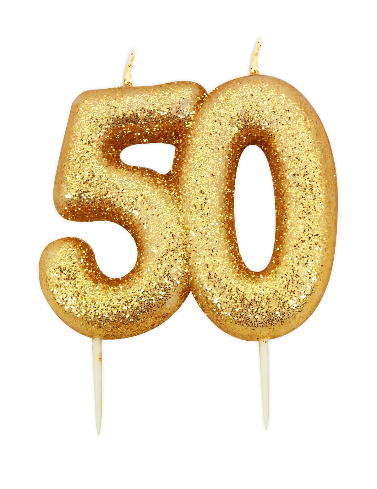 Vela de aniversário sobre espeto 50 anos para bolo dourado com purpurinas