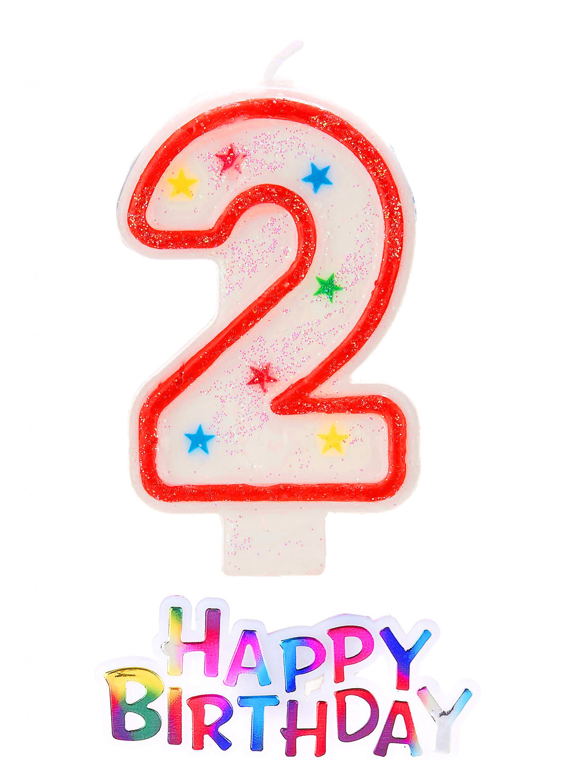 Bougie étoilée chiffre 2 pailletée happy birthday pour anniversaire blanc et rouge