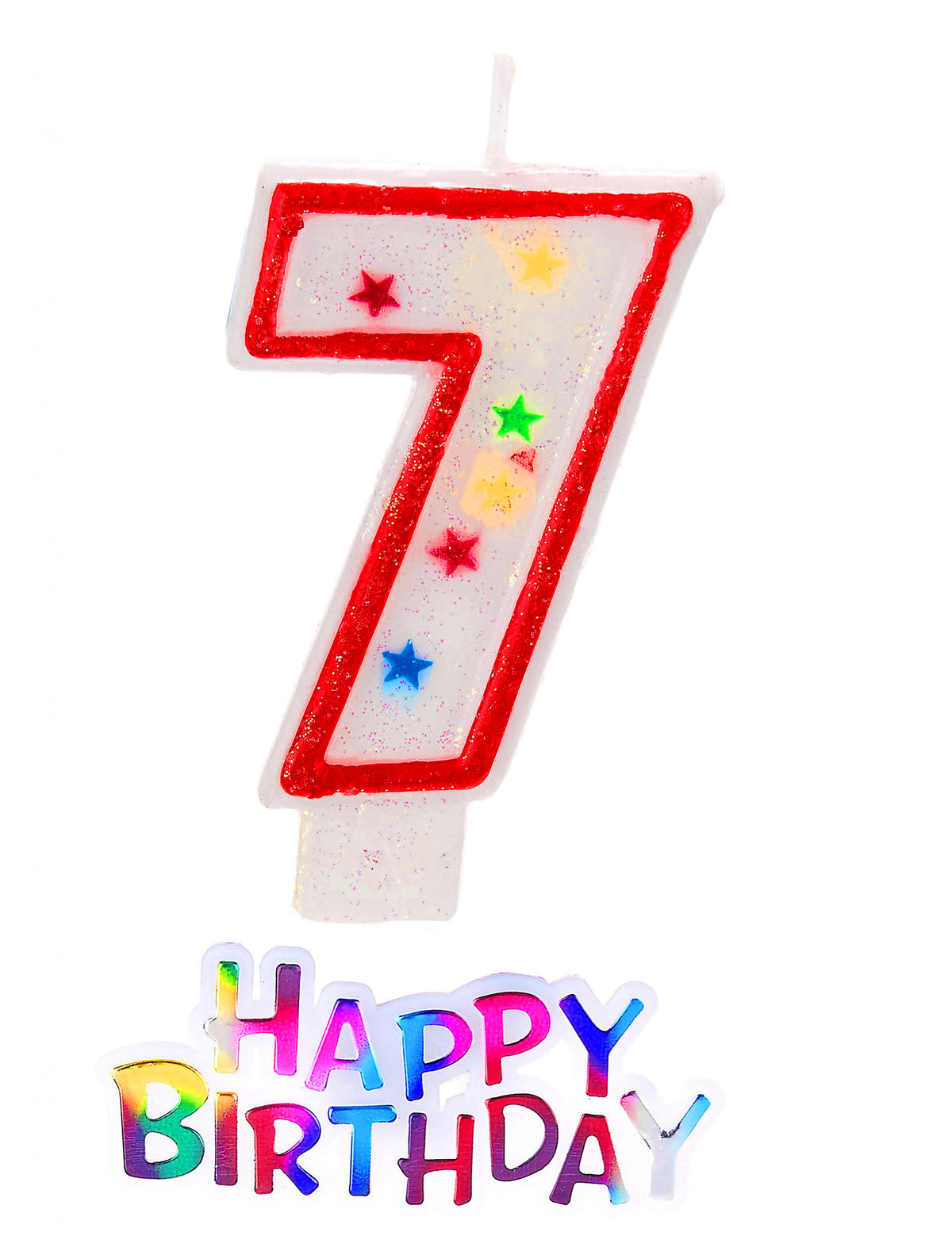 Bougie étoilée chiffre 7 pour anniversaire blanc et rouge avec décor happy birthday