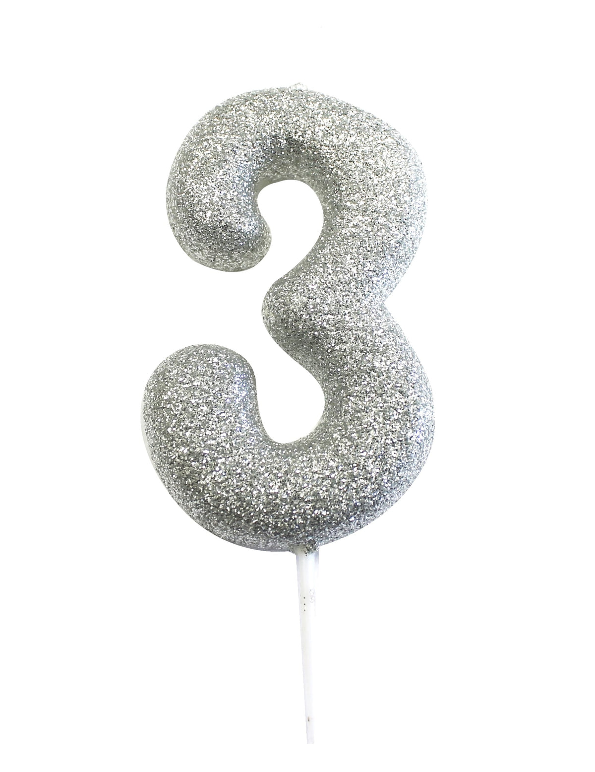 Bougie sur pique chiffre 3 pour anniversaire argent pailleté