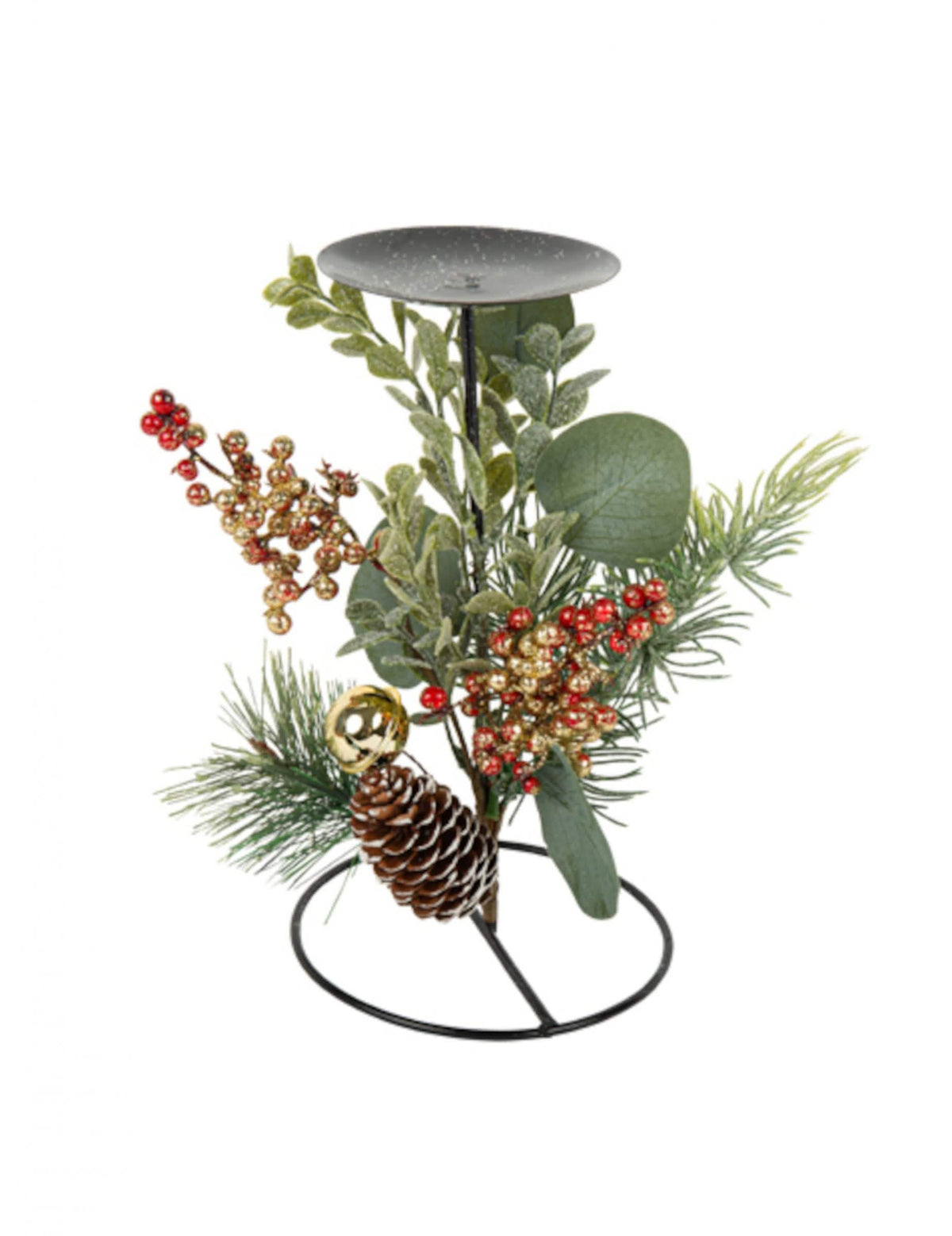 Castiçal tradicional e vegetal decoração de natal preto com pinha e bagas vermelhas e douradas