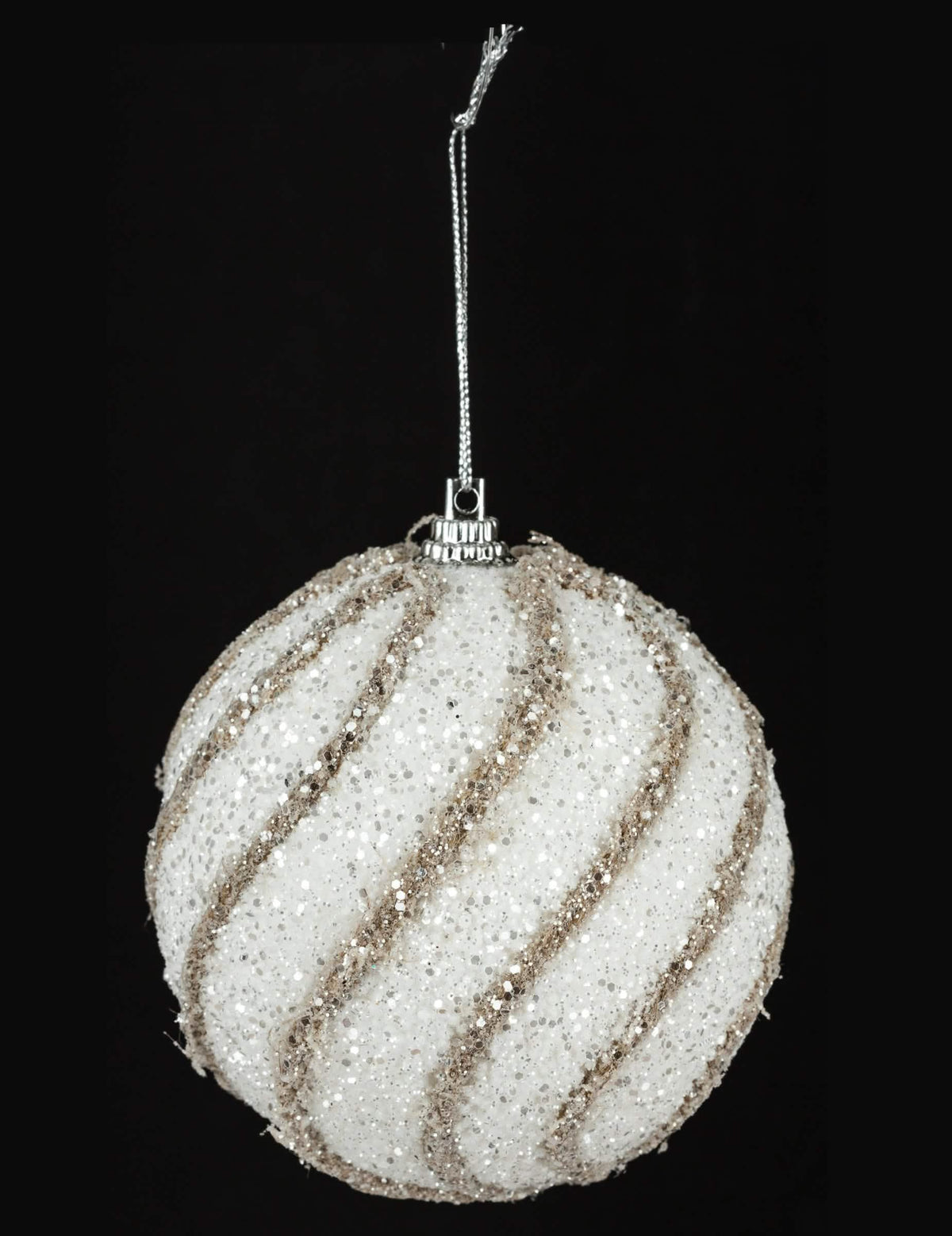 Bola de natal com purpurinas, em espiral branca e dourada
