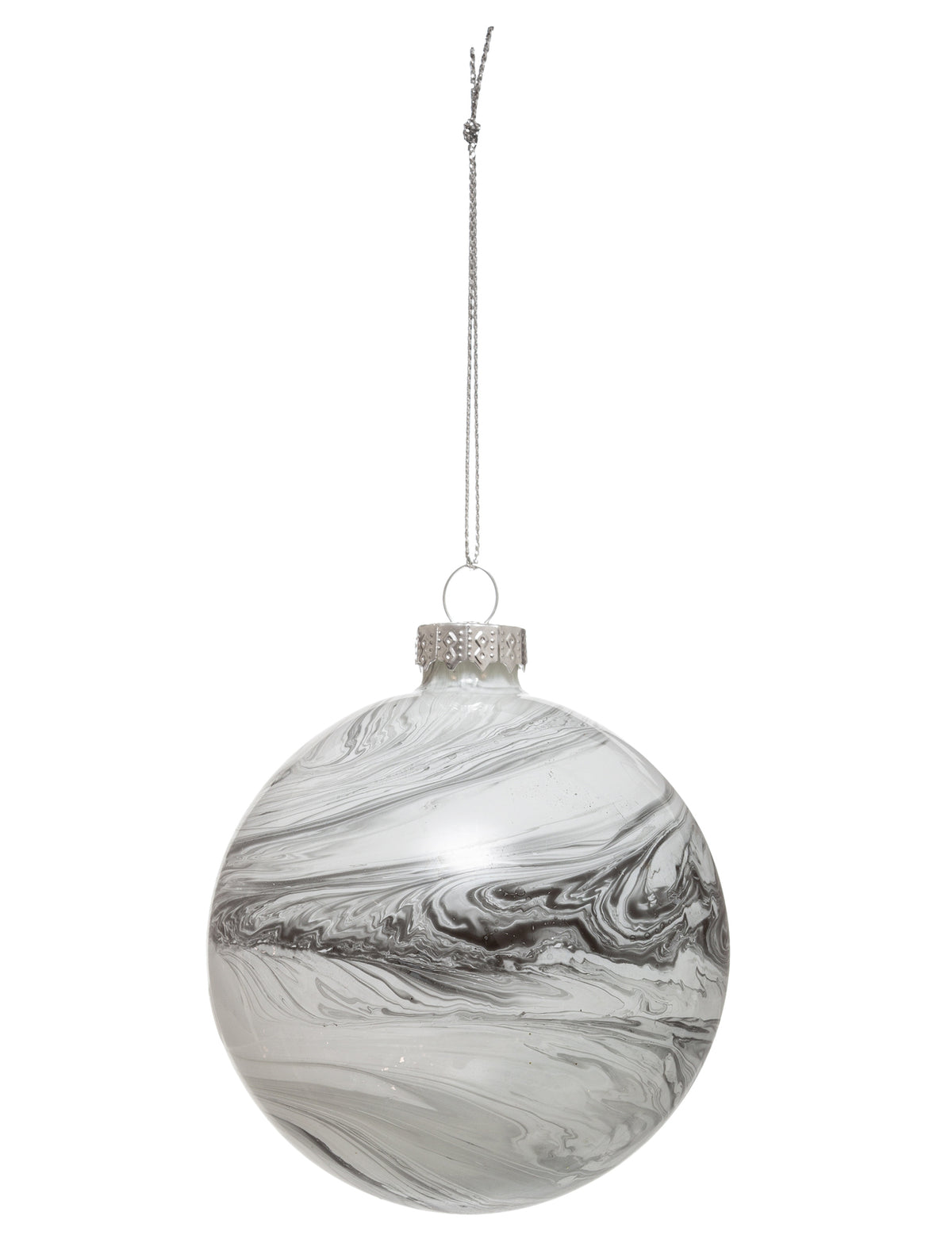 Bola de natal em vidro com efeito mármore cinzento e branco