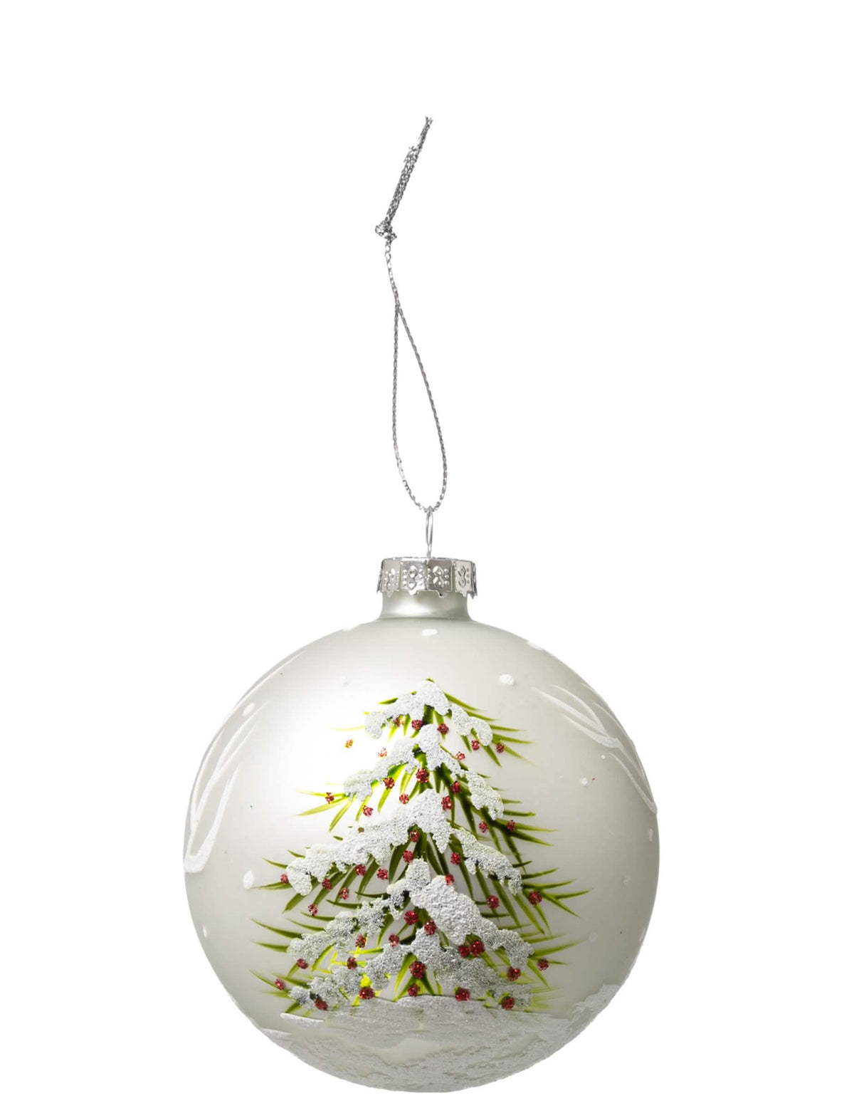 Bola de natal em vidro com motivo de pinheiro branca com brilhantes