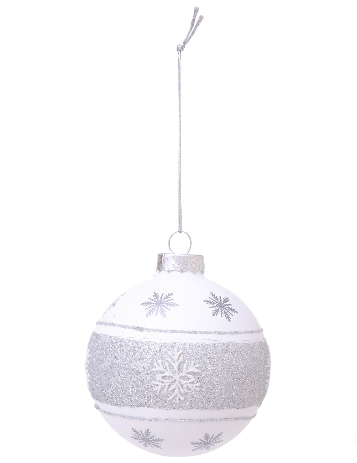 Bola de natal em vidro, floco prateado, branca e prateada com purpurinas