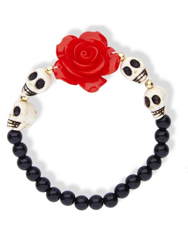 Bracelet squelettes et rose rouge pour adulte noir et rouge avec perles têtes de mort