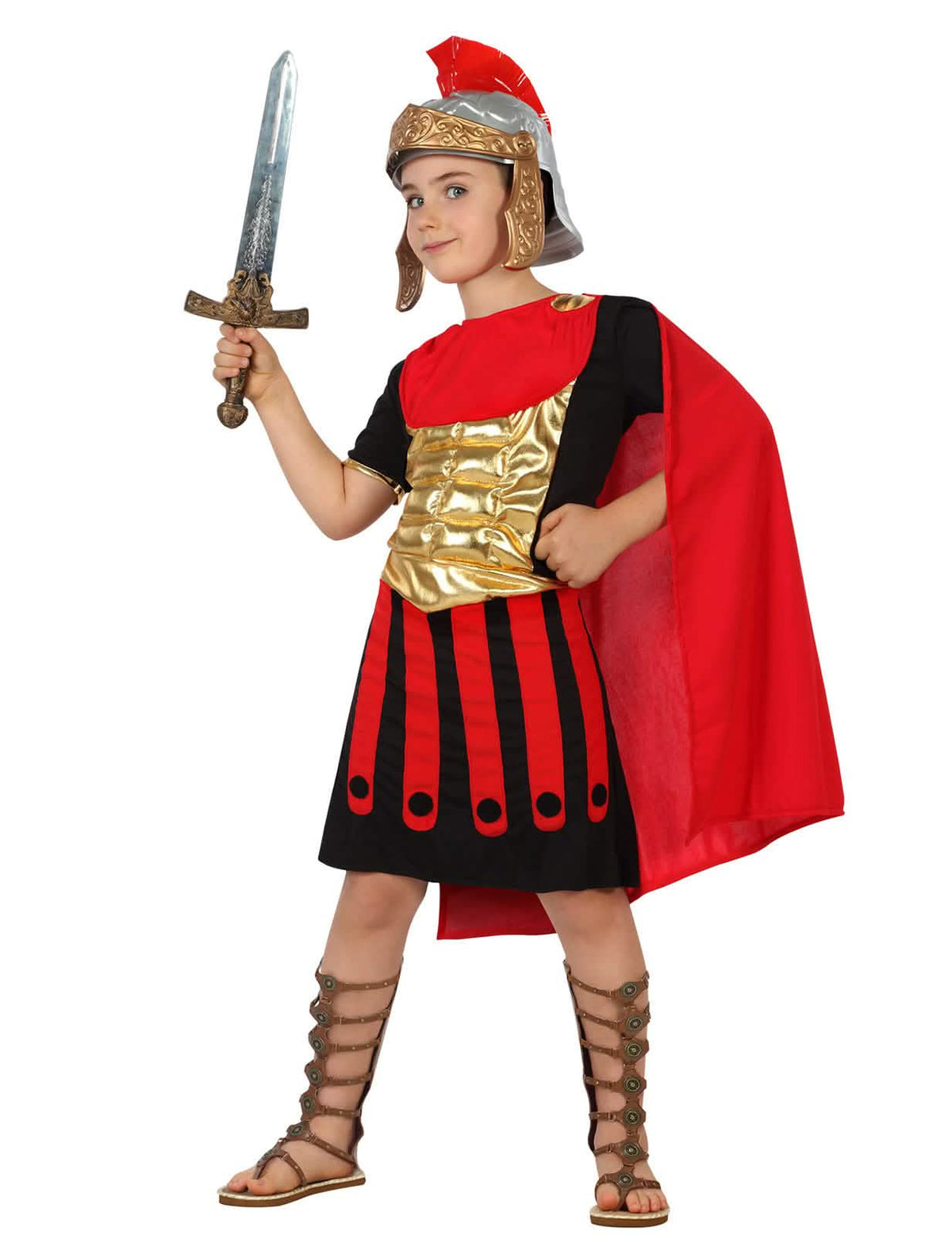 Déguisement de centurion Romain pour enfant rouge, noir et doré avec cape et casque