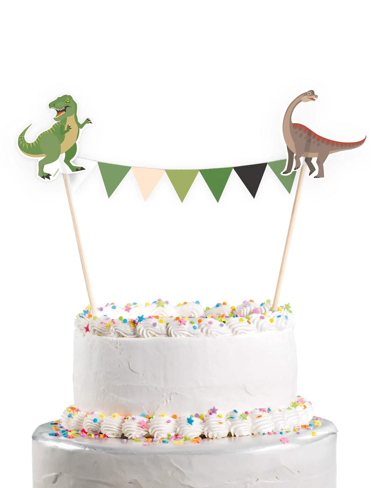 Cake topper Grands Dinosaures verde e castanho com guirlanda de fanions