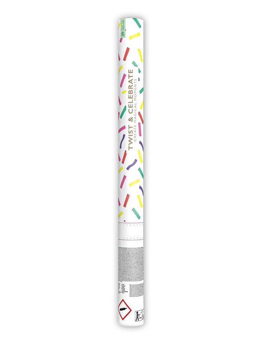 Vue complète du canon à confettis en papier bandes multicolores
