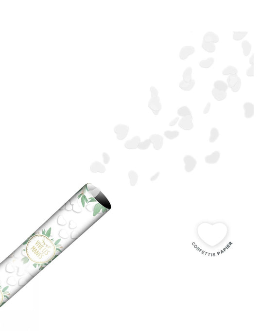 Détail des confettis en forme de cœurs blancs du canon à confettis en papier Vive les mariés