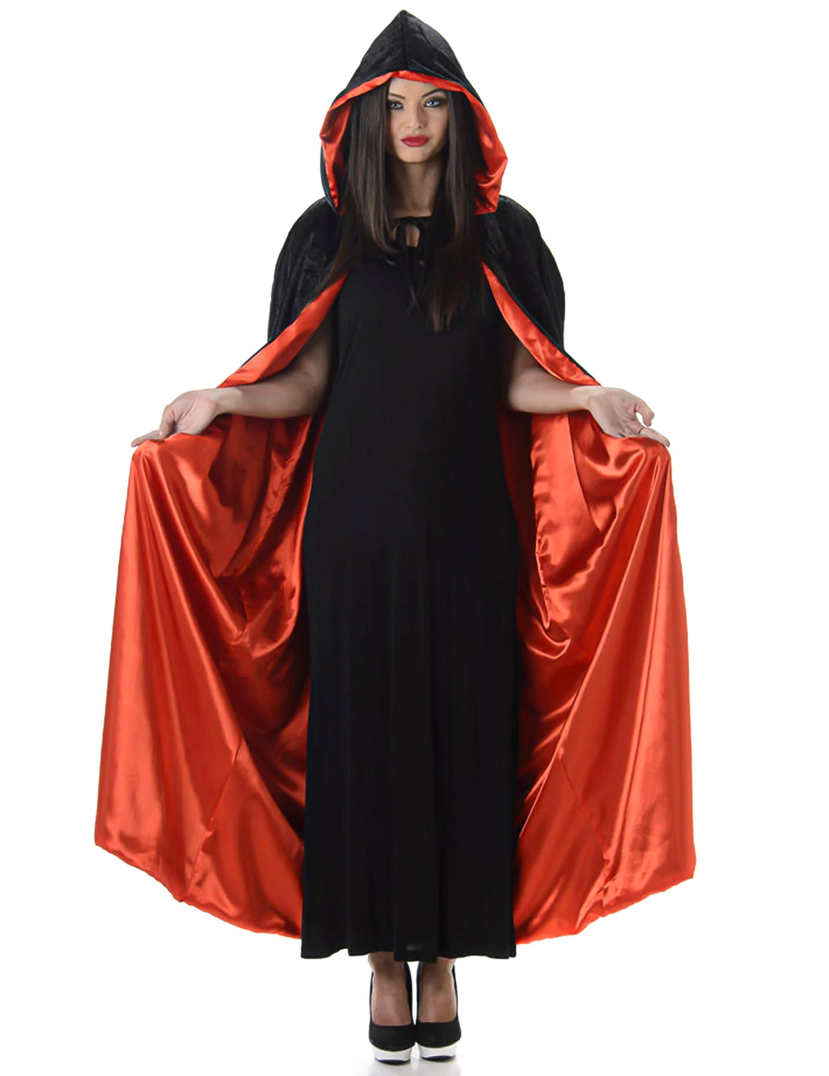 Cape à capuche Halloween pour adulte noire et rouge satinée
