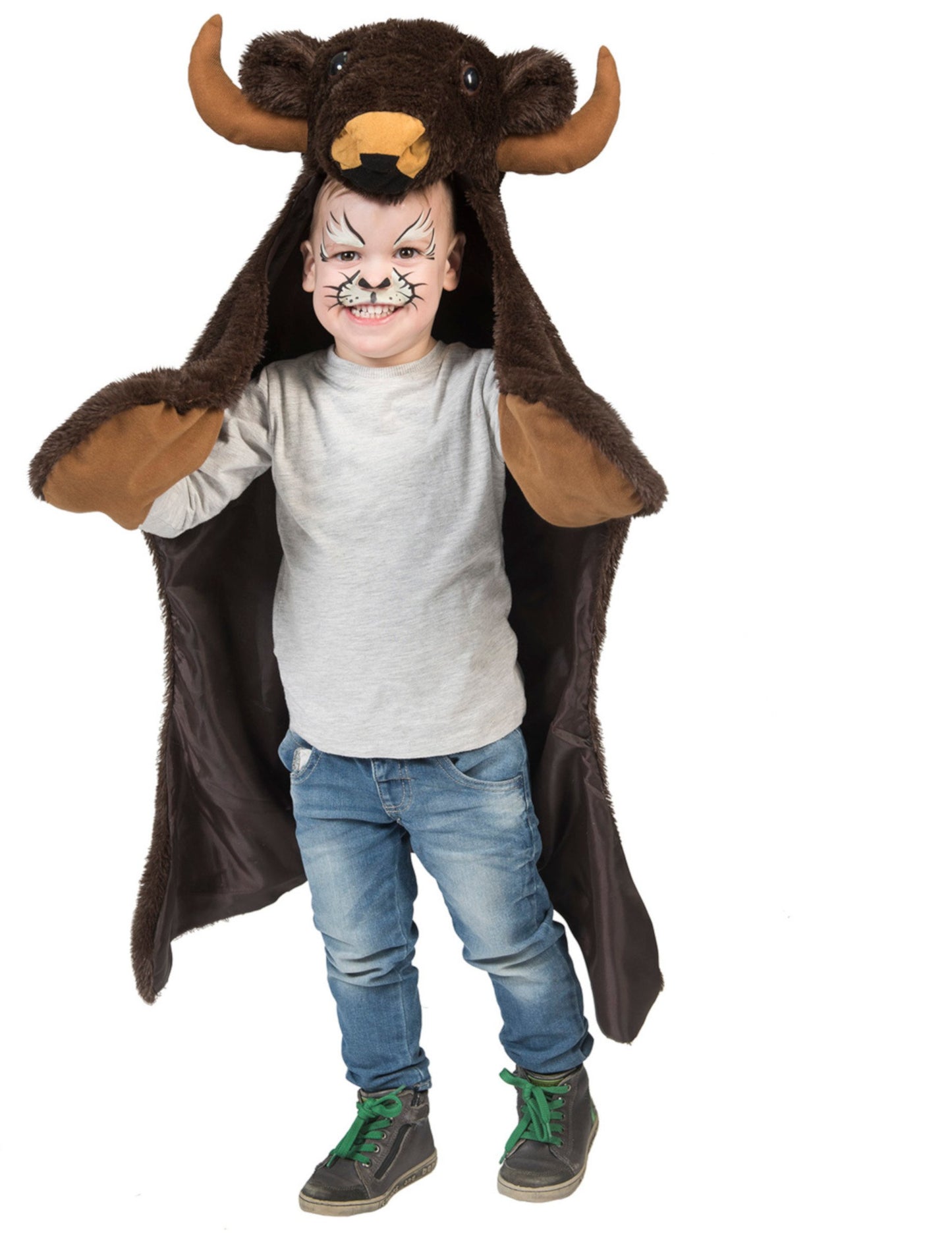 Cape de bison pour enfant marron en peluche avec capuche à cornes